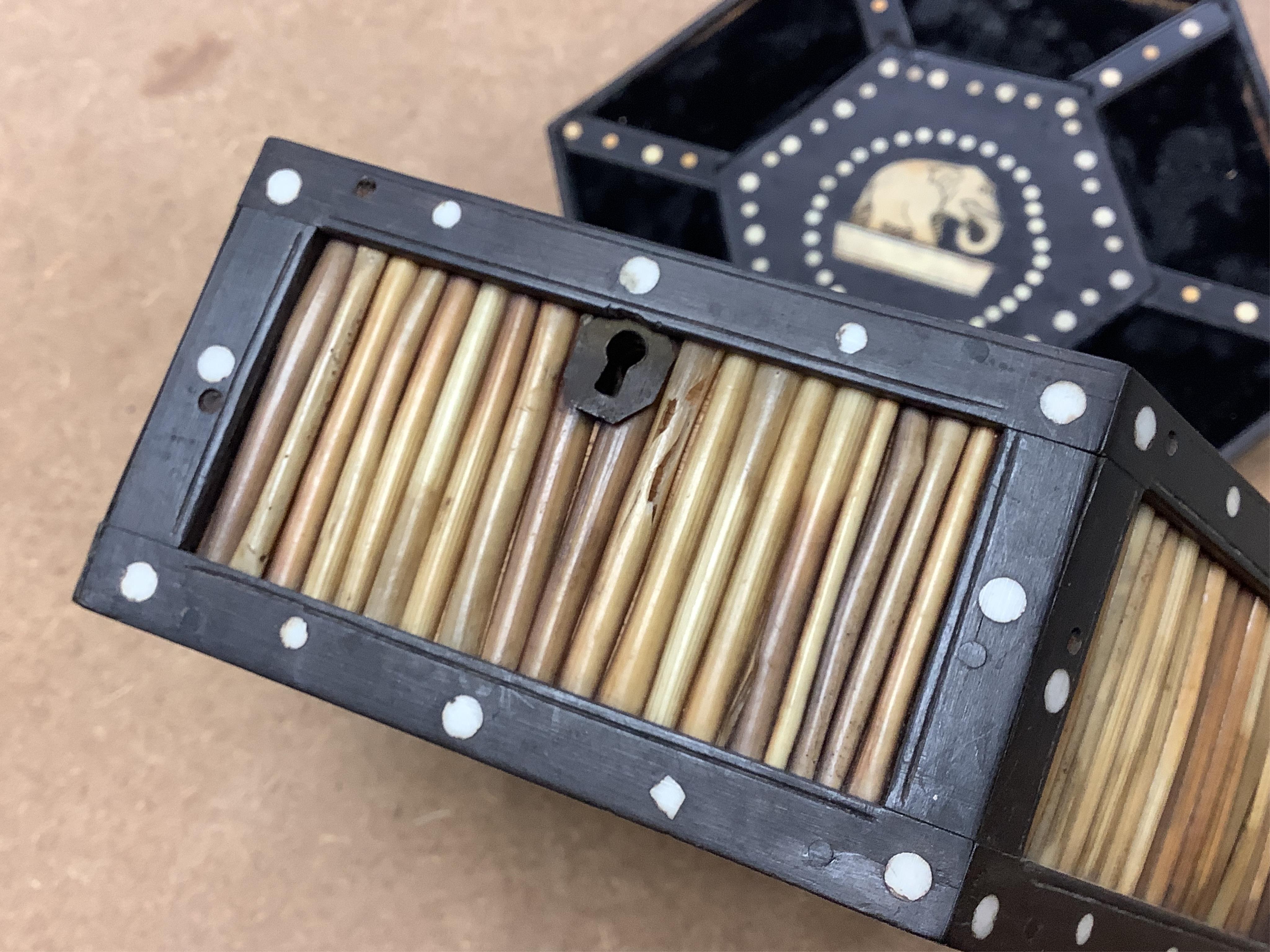 A late 19th century Ceylonese hexagonal quill box with bone inlay, 21cm wide